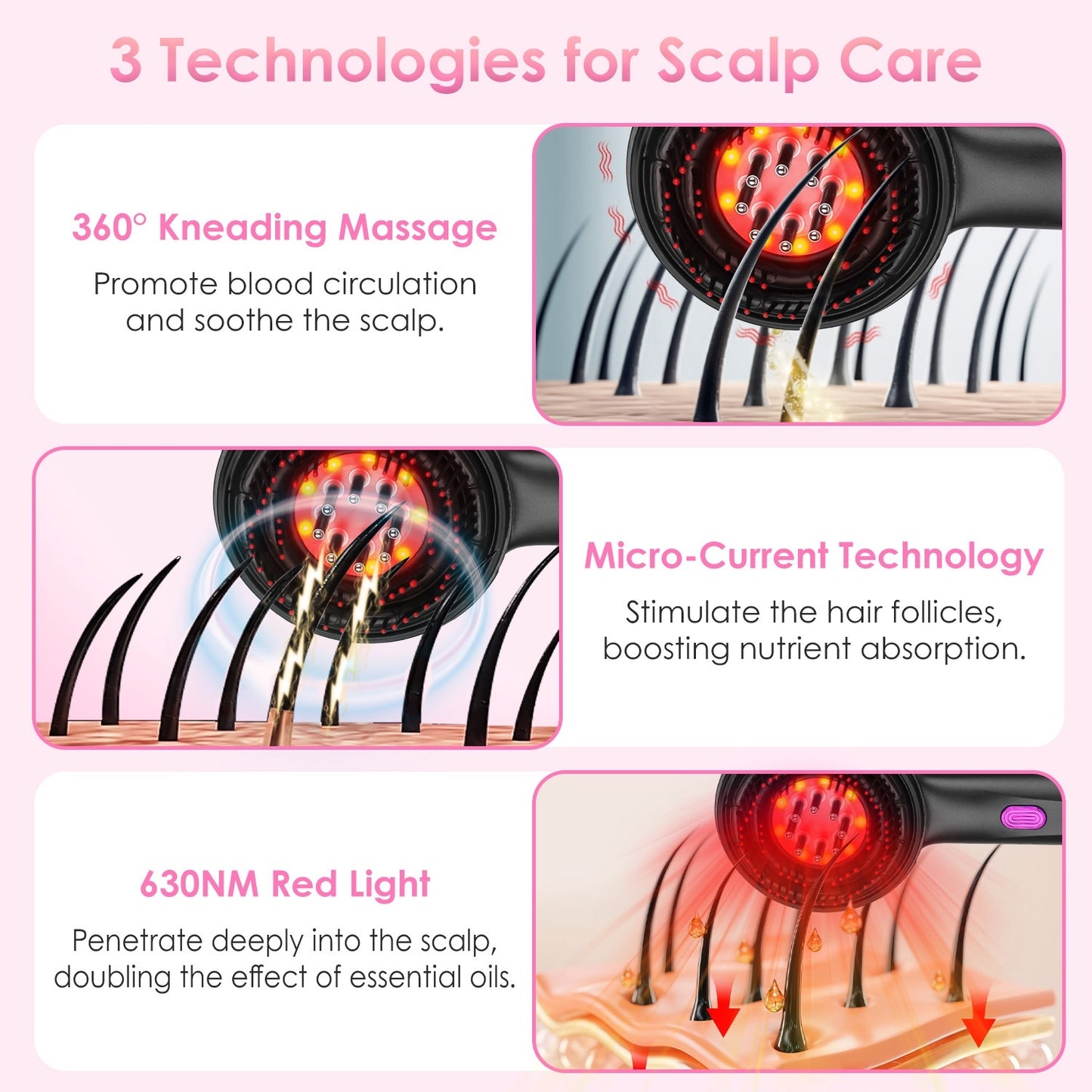 Red Light Scalp Massager (3 In 1, Cordless, Oil Applicator, Rechargeable)